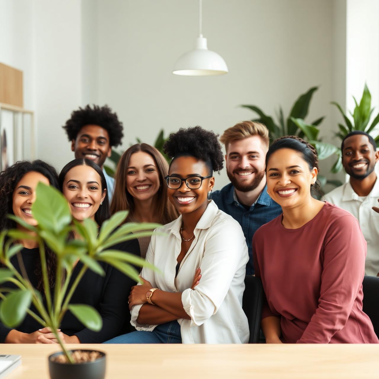 Equipe colaborativa sorrindo em ambiente de trabalho acolhedor com plantas