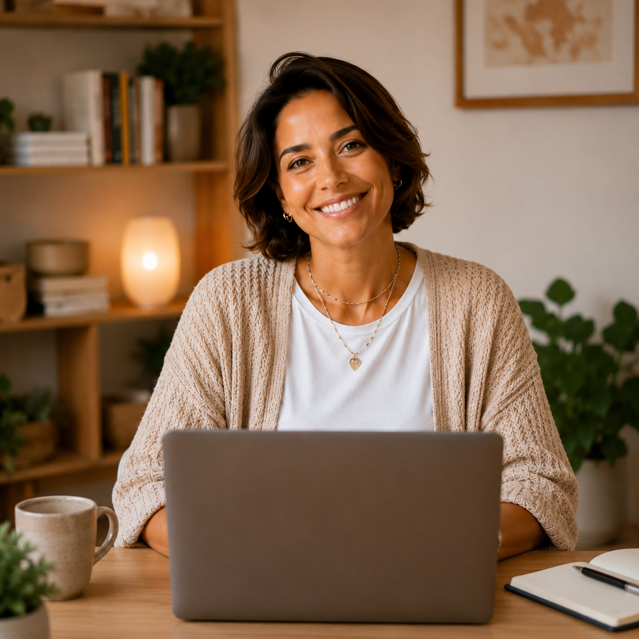 Mulher sorrindo em frente ao notebook em ambiente acolhedor